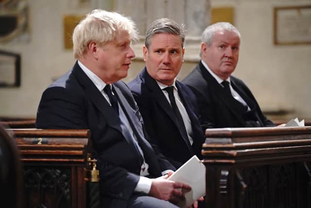 Prime Minister Boris Johnson, Labour Party leader Sir Keir Starmer and SNP Wesminster leader Ian Blackford attend a service to honour Sir David Amess at the Church of St Margaret, in the grounds of Westminster Abbey, London.