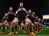 Rieko Ioane, Samuel Whitelock, Codie Taylor of the All Blacks perform the haka with the team ahead of the Rugby Championship and Bledisloe Cup match between the New Zealand All Blacks and the Australia Wallabies at Eden Park on August 07, 2021 in Auckland, New Zealand