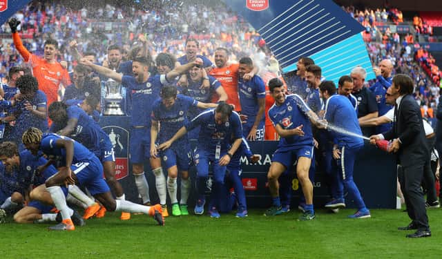 Conte celebrates the FA Cup win with Chelsea in 2018