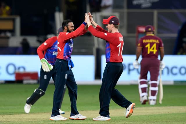 Adil Rashid celebrating one of his four wickets against West Indies in Saturday’s match