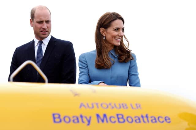 Prince William, Duke of Cambridge and Catherine, Duchess of Cambridge look on in front of the autosub, named 'Boaty McBoatface' following a public vote, during the naming ceremony of the polar research ship the RSS Sir David Attenborough on September 26, 2019 in Birkenhead, England. (Pic: Getty)