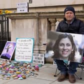 Richard Ratcliffe protests outside the Foreign Office while on hunger strike, part of an effort to lobby the UK foreign secretary to bring his wife home from detention in Iran.  (Photo by Dan Kitwood/Getty Images)