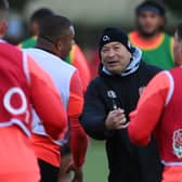 Eddie Jones, Head Coach of England, speaks with players during a training session at Jersey Reds Rugby Club on October 29, 2021 in Saint Peter, Jersey. 