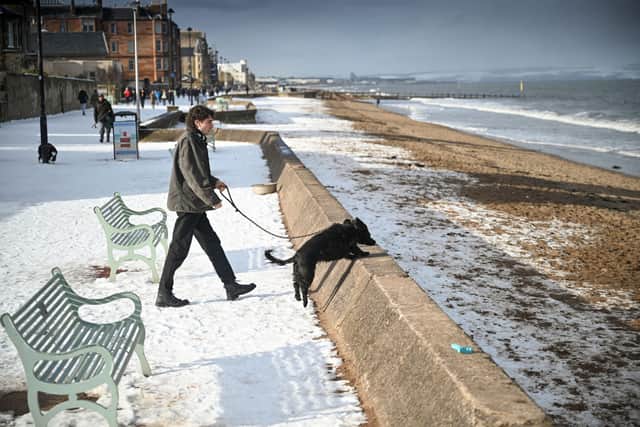 Members of the public walk along the promenade at Portobello beach in the snow on February 12, 2021 (Photo: Jeff J Mitchell/Getty Images)