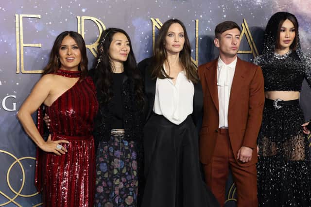 Salma Hayek, director Chloe Zhao, Angelina Jolie,  Barry Keoghan and Gemma Chan attend the “Eternals” UK Premiere (Photo: Tim P. Whitby/Getty Images)