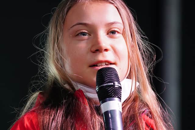 Greta Thunberg speaking on the main stage in George Square, Glasgow (Credit: PA)