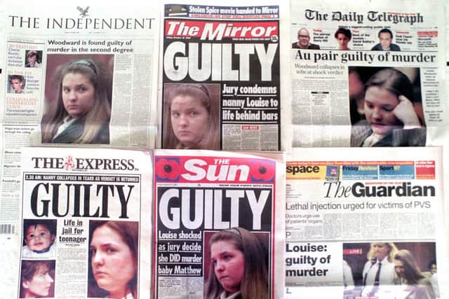 British newspaper front pages show the verdict of the jury in the Louise Woodward murder trial in Cambridge, Massachusett in 1997 (Picture: Getty)