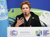 UNFCCC Executive Secretary, Patricia Espinosa, speaks during a press conference outside the Plenary Hall at the close of COP26 (Photo by Ian Forsyth/Getty Images)