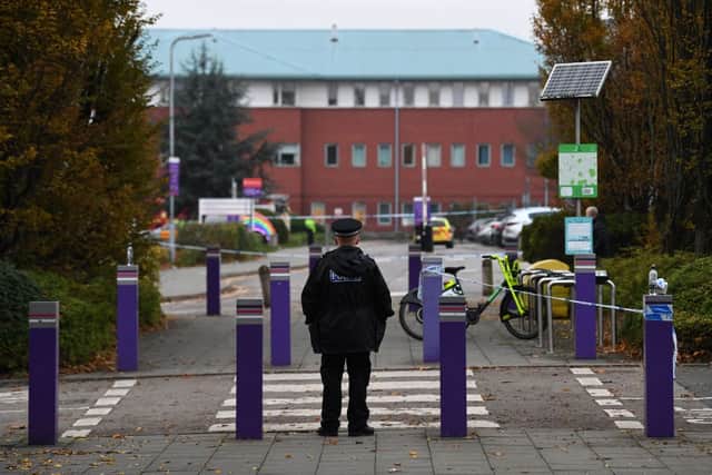 A police officer stands guard outside the Women’s Hospital in Liverpool following the blast (Photo: PAUL ELLIS/AFP via Getty Images)