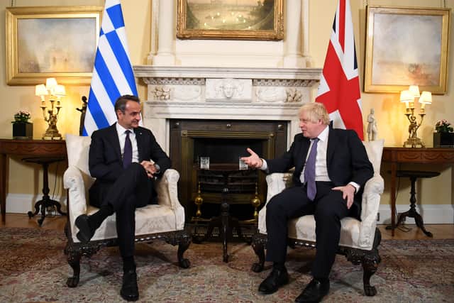 Prime Minister Boris Johnson and Greece’s Prime Minister Kyriakos Mitsotakis discussed the Elgin Marbles at a meeting in Downing Street on Tuesday 16 November (image: Getty Images)