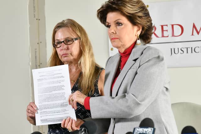 Mamie Mitchell and her lawyer, Gloria Allred, present a lawsuit which she has filed against actor Alec Baldwin. (Credit: Getty)