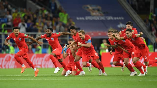 England celebrating making to the quarter final after beating Columbia on penalties