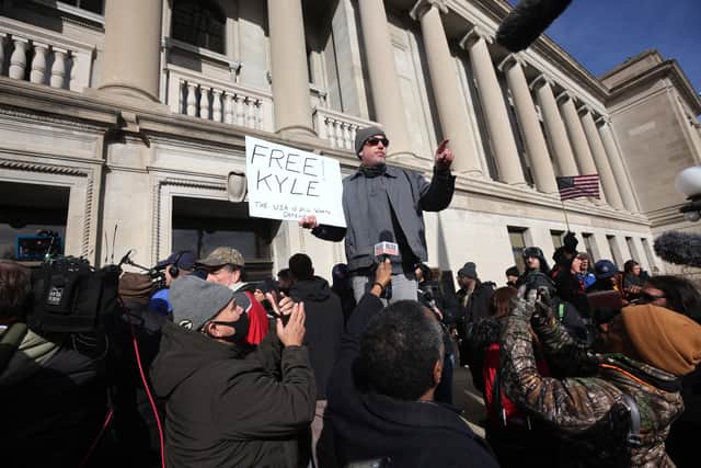 Supporters and opponents of Kyle Rittenhouse gathered outside the Kenosha courthouse where the trial was being held (image: Getty Images)