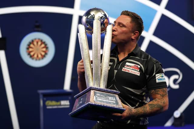 Gerwyn Price with the Eric Bristow Trophy after his Grand Slam of Darts 2021 victory. (Pic: Getty)