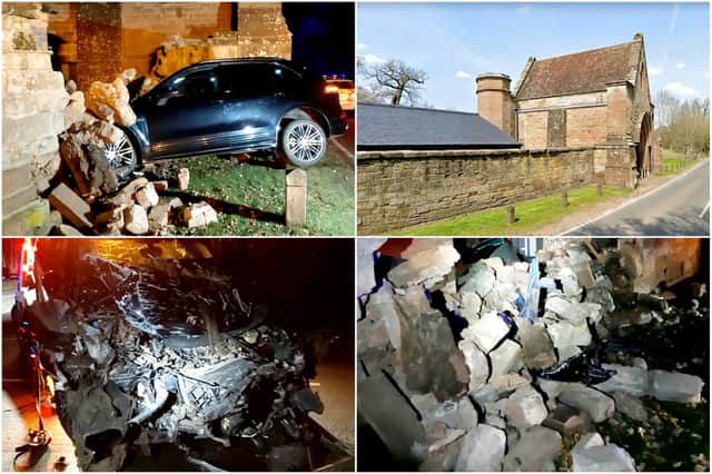 A Porsche crashed into a historic gatehouse.