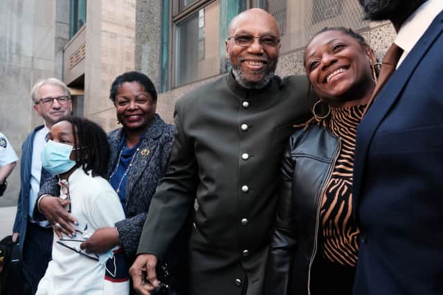 Muhammad Aziz outside the New York City courthouse with members of his family and lawyers after his conviction in the killing of Malcolm X was thrown out on November 18, 2021 (Photo: Spencer Platt/Getty Images)