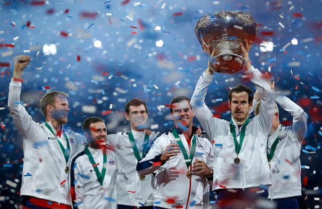 <p>Murray celebrates the British win at the Davis Cup in 2015</p>