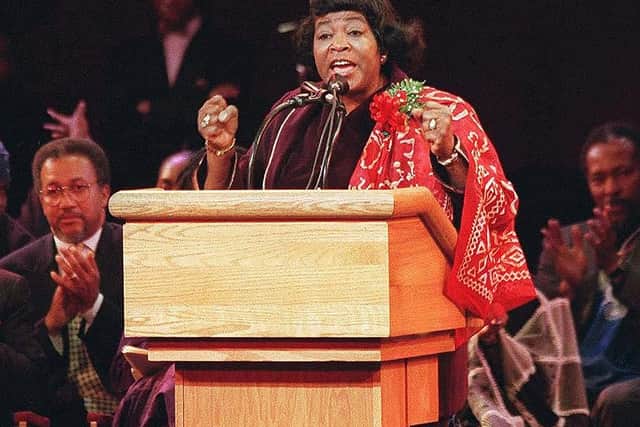Betty Shabazz speaking at the Apollo Theater in Harlem, New York (Photo: JON LEVY/AFP via Getty Images)