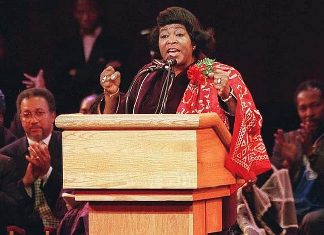 Betty Shabazz speaking at the Apollo Theater in Harlem, New York (Photo: JON LEVY/AFP via Getty Images)