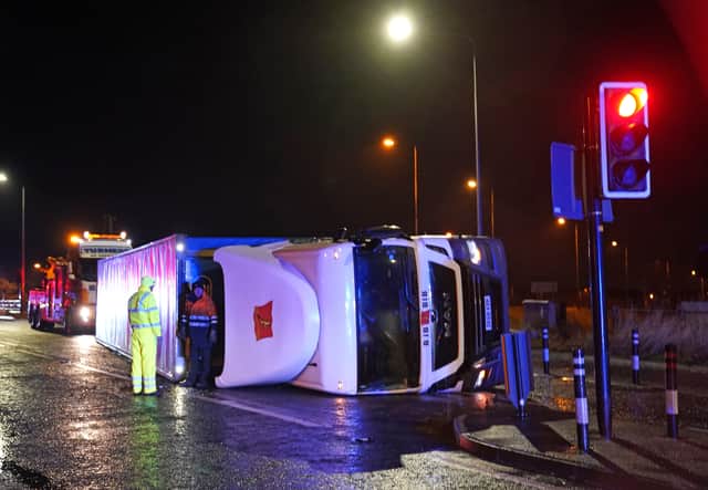 A lorry blown over in high winds blocks the A179 near Hartlepool
