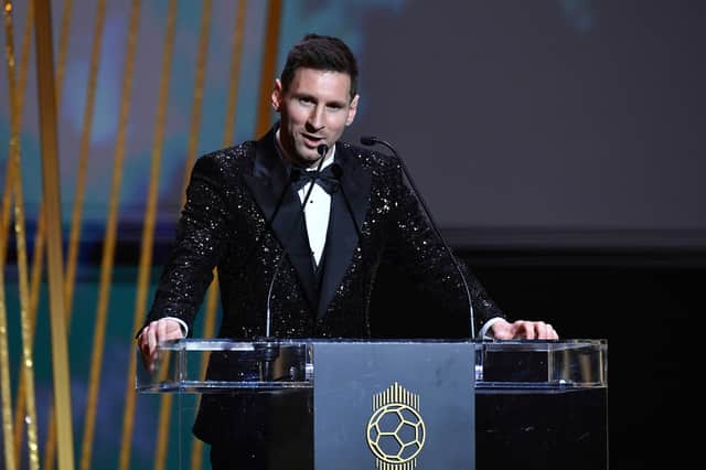 Lionel Messi celebrates winning his seventh Ballon d’Or