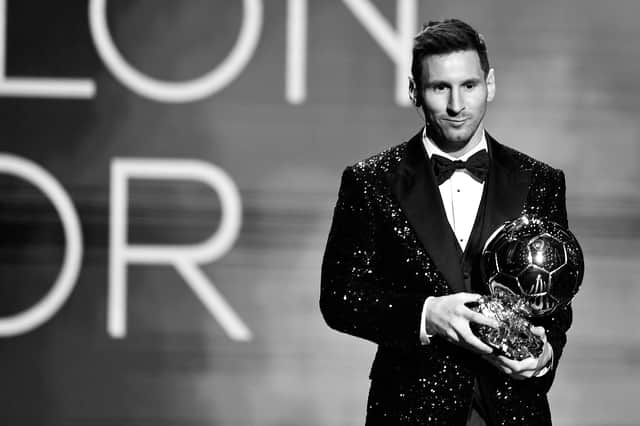 ionel Messi (ARG / PSG) is awarded with his seventh Ballon D'Or award attends the Ballon D'Or ceremony at Theatre du Chatelet on November 29, 2021 in Paris, France.