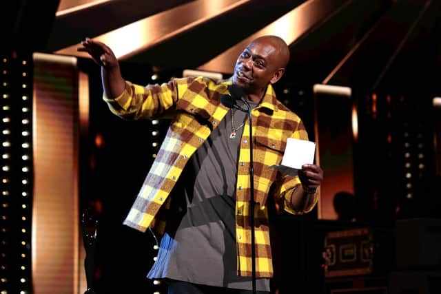 Dave Chappelle speaking onstage during the 36th Annual Rock & Roll Hall Of Fame Induction Ceremony (Photo: Dimitrios Kambouris/Getty Images for The Rock and Roll Hall of Fame)