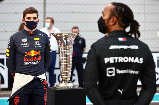 Max Verstappen and Lewis Hamilton pictured prior to the 2021 Abu Dhabi Grand Prix. (Pic: Getty)