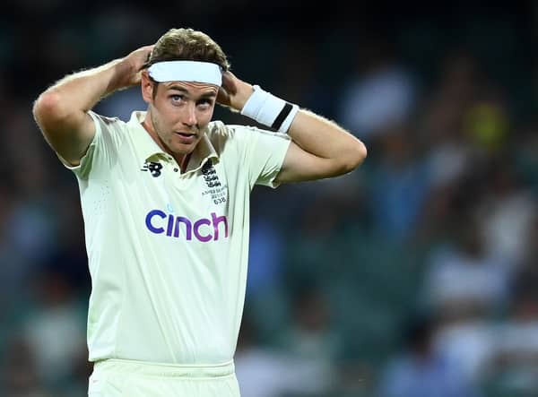Stuart Broad of England adjusts his headband during day one of the Second Test match in the Ashes series between Australia and England at the Adelaide Oval