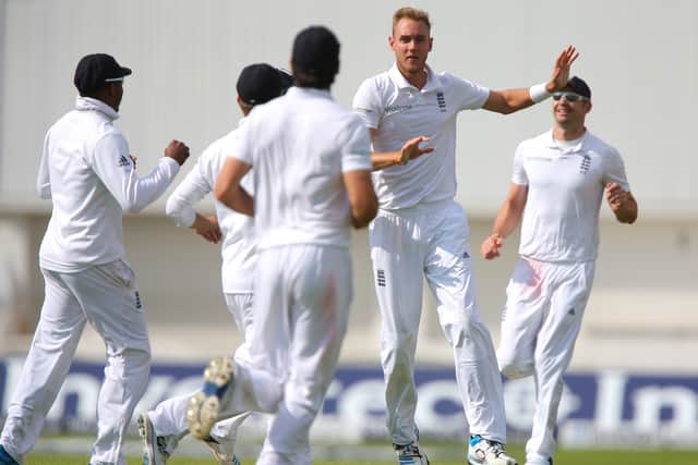 Stuart Broad of England celebrates taking a hat-trick after claiming the wicket of Shaminda Eranga of Sri Lanka during day one of 2nd Investec Test match between England and Sri Lanka at Headingley Cricket Ground 