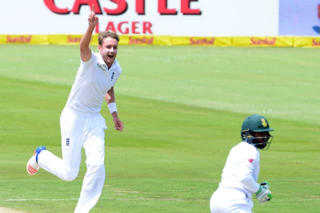Stuart Broad of England celebrates the wicket of Temba Bavuma of the Proteas during day 2 of the 4th Test match between South Africa and England at SuperSport Park on January 23, 2016