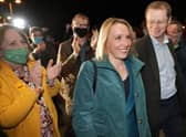 North Shropshire by-election candidate - and now MP - Helen Morgan (centre) of the Liberal Democrats arrives at the election count at Shrewsbury Sports Centre (Photo: Christopher Furlong/Getty Images)
