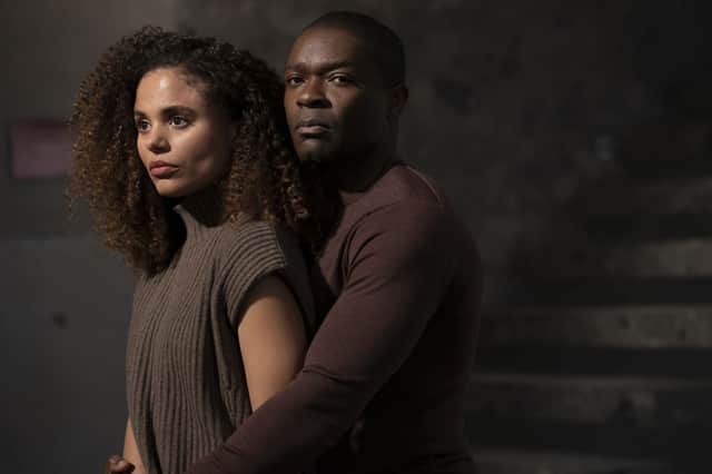 <p>Jessica Plummer as Emma Matthews and David Oyelowo as Edward Monkford in The Girl Before (Credit: BBC)</p>