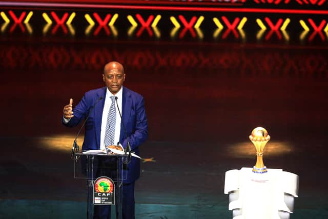 Patrice Motsepe, CAF President,  delivers his introductory speech during the draw ceremony for the 2022 African Cup of Nations (CAN) in Yaounde, Cameroon, on August 17, 2021