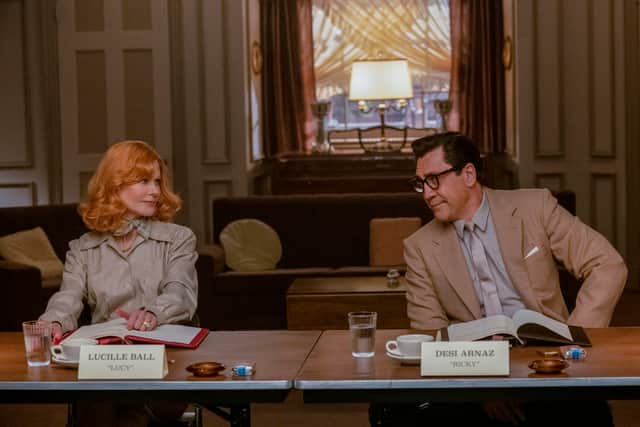 Lucille Ball (Nicole Kidman) and Desi Arnaz (Javier Bardem) at a readthrough for ‘I Love Lucy’ (Credit: Glen Wilson/Amazon)