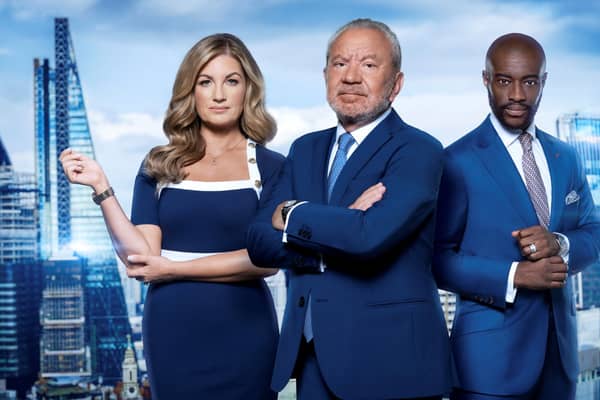 Alan Sugar, Tim Campbell, and Karen Brady in Series 16 of The Apprentice (Credit: BBC One/Boundless/Ray Burmiston)