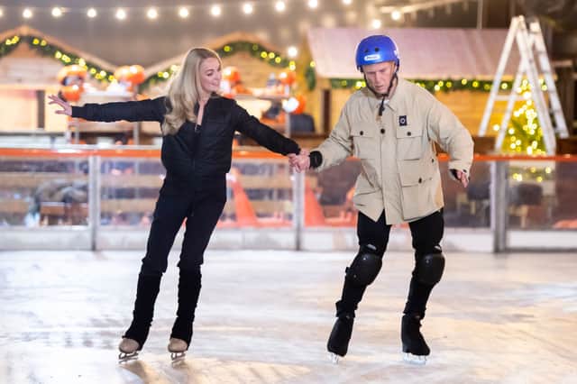 Bez and his professional skating partner Angela Egan were the first to skate on the ice during homecoming Manchester ice skate, a practice session for Dancing On Ice on the new ice skating rink (Photo: Anthony Devlin/Getty Images)