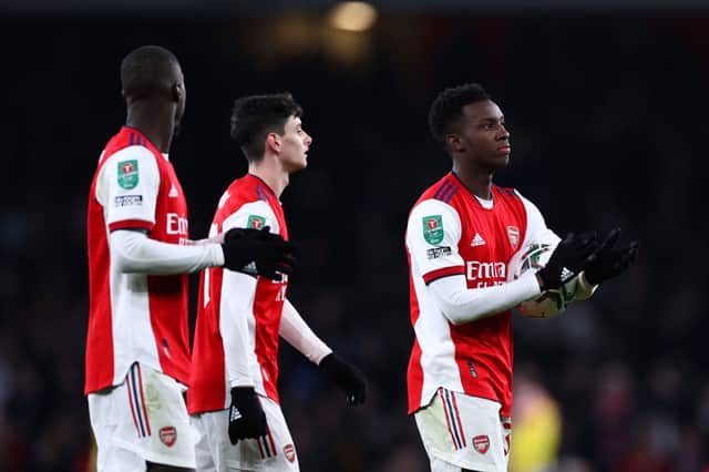 Eddie Nketiah of Arsenal celebrates with the match ball following his side’s victory in the Carabao Cup Quarter Final against Sunderland. (Photo by Ryan Pierse/Getty Images)