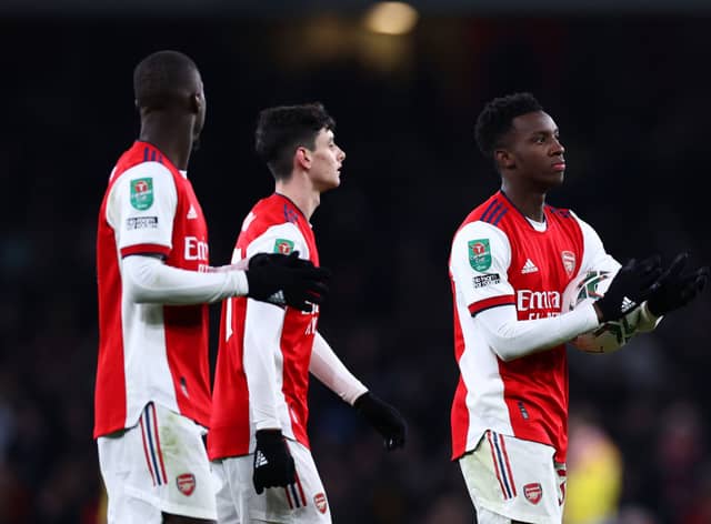 Eddie Nketiah of Arsenal celebrates with the match ball following his side’s victory in the Carabao Cup Quarter Final against Sunderland. (Photo by Ryan Pierse/Getty Images)