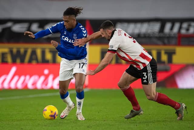  Alex Iwobi of Everton and Enda Stevens of Sheffield United during the Premier League match between Sheffield United and Everton at Bramall Lane on December 26, 2020
