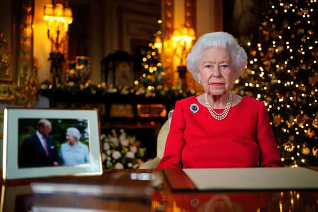 Queen Elizabeth II records her annual Christmas broadcast in the White Drawing Room in Windsor Castle, Berkshire