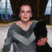 The Duchess of Argyll wearing her signature three-string pearl necklace 