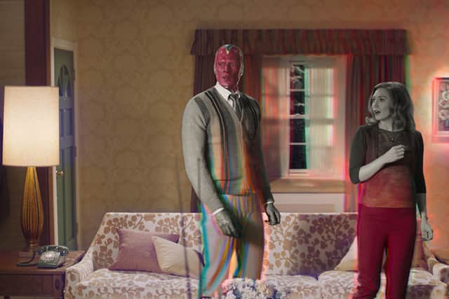 Vision (Paul Bettany) and Wanda (Elizabeth Olsen) flicker in and out of monochrome and colour television (Credit: Marvel Studios/Disney+)
