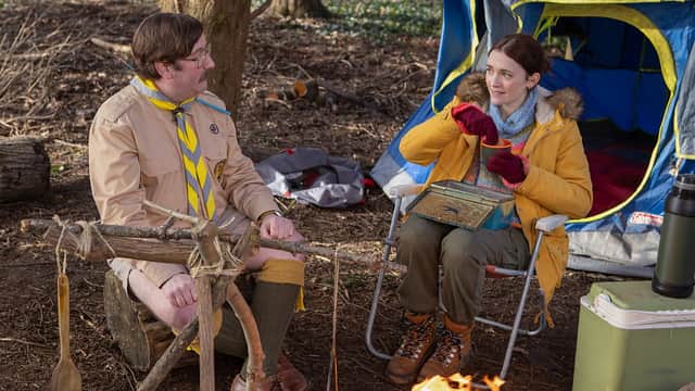 Jim Howick and Charlotte Ritchie in Ghosts (Credit: BBC/Monumental Television/Guido Mandozzi)