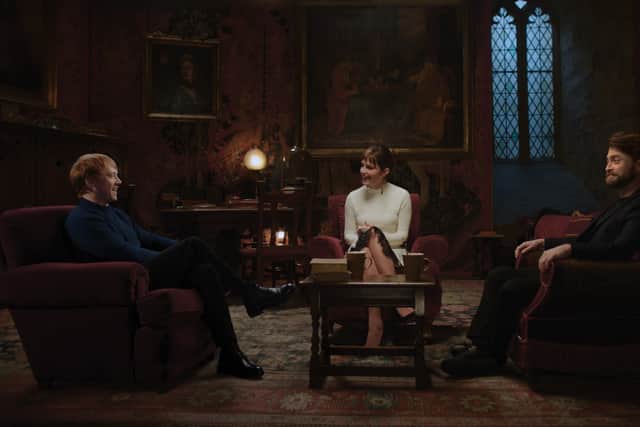 Rupert Grint, Emma Watson, and Daniel Radcliffe return to Hogwarts (Credit: Warner Media)