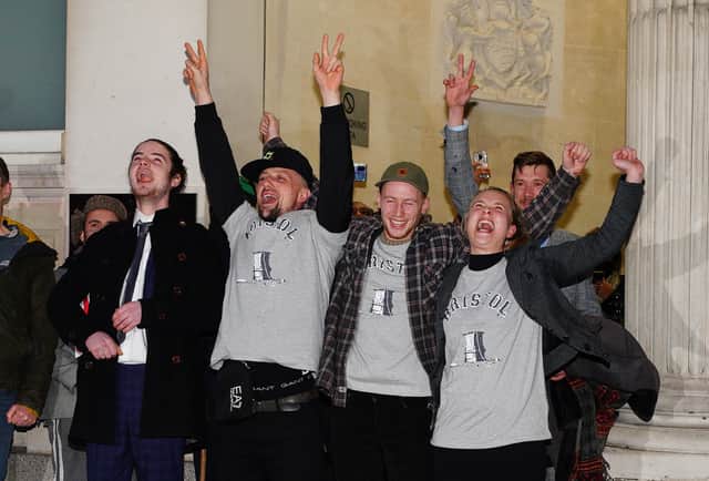 The ‘Colston four’ celebrate outside of court after being cleared of all charges. (CRedit: PA)