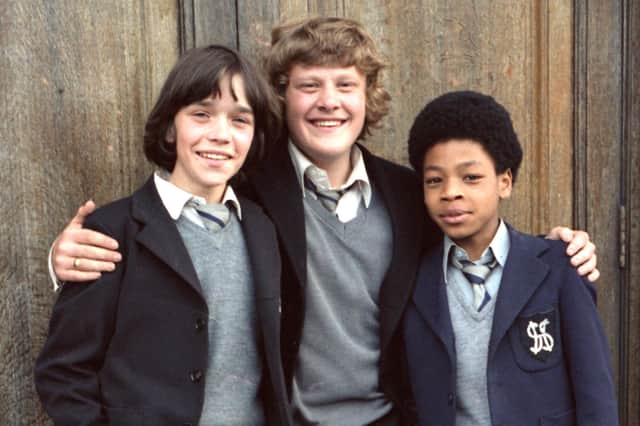 <p>Grange Hill stars Todd Carty, George Armstrong and Terry Sue-Patt (Credit: BBC)</p>