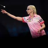 Fallon Sherrock of England in action against Steve Beaton of England during Day Five of the 2021/22 PDC William Hill World Darts Championship at Alexandra Palace on December 19, 2021 in London