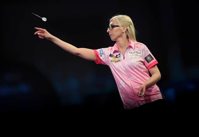<p>Fallon Sherrock of England in action against Steve Beaton of England during Day Five of the 2021/22 PDC William Hill World Darts Championship at Alexandra Palace on December 19, 2021 in London</p>