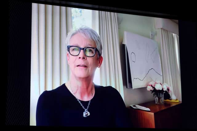 Jamie Lee Curtis speaks onscreen during the 79th Annual Golden Globe Awards (Photo: Emma McIntyre/Getty Images for Hollywood Foreign Press Association)